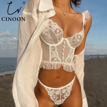 French Lingerie meaning Sexy Women's Underwear Set Push Up Brassiere Lace Transparent Bra Panty Sets Wedding White Thin Underwear